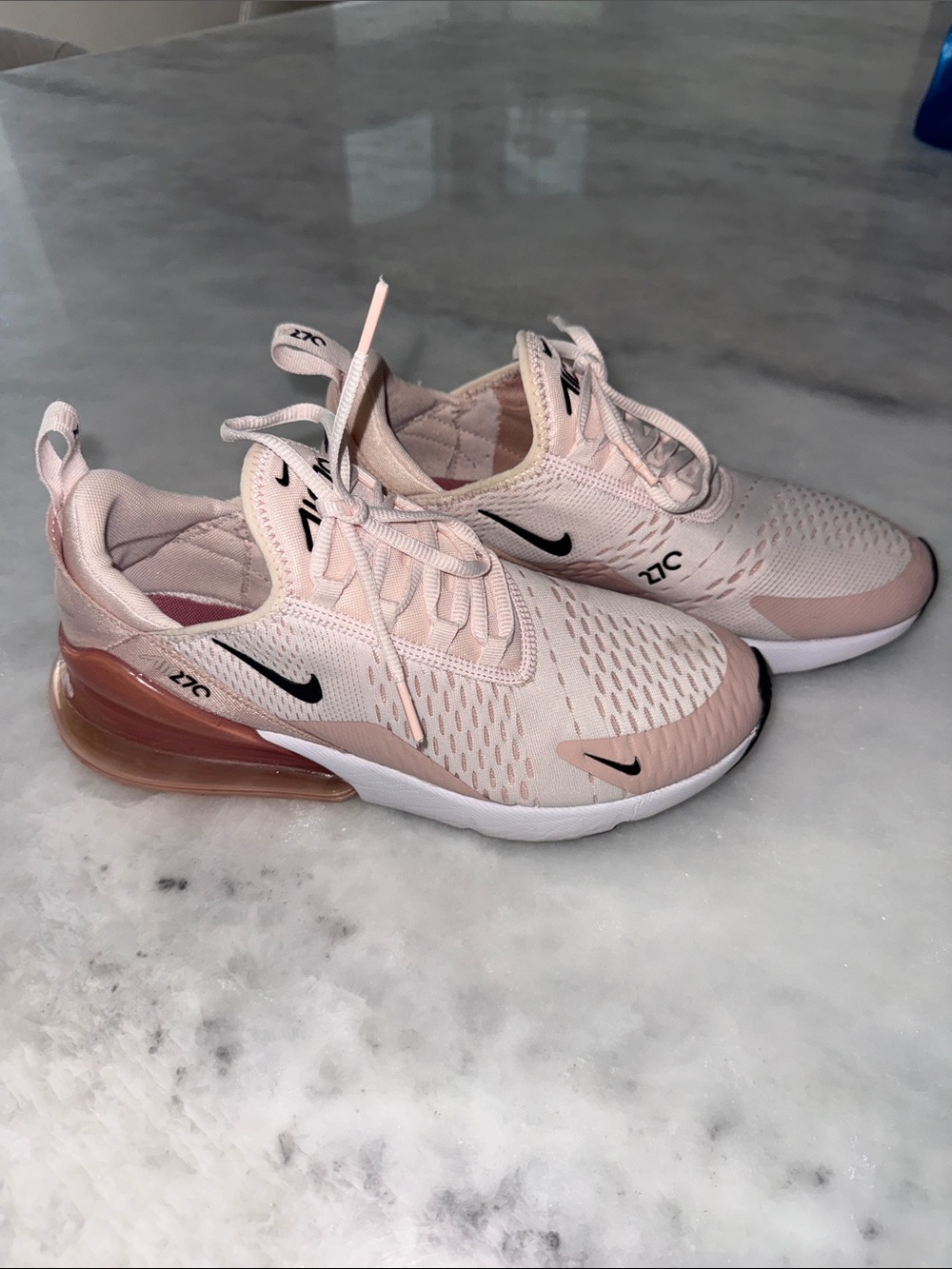 Nike Women's Air Max 270 React Sneakers in Light Pink with Black Swoosh